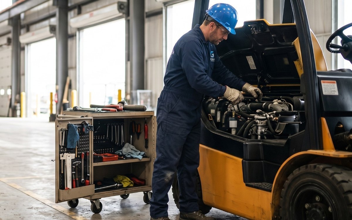 Técnico con casco y chaleco revisando el motor de un montacargas